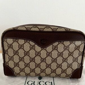 Gucci GG Supreme Cosmetic Bag Brown Leather Trim Vintage Late 70s-Early 80s